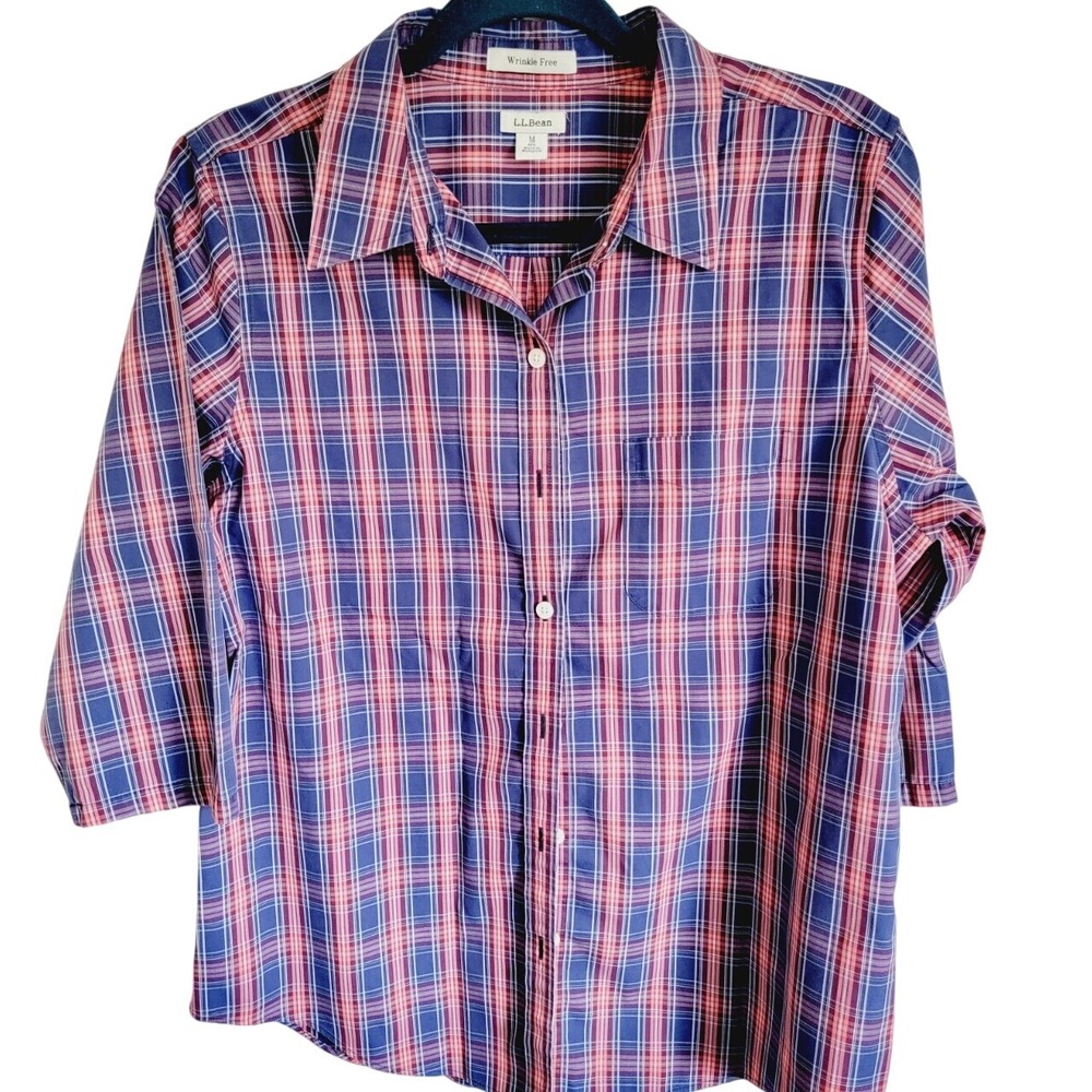 L.L. Bean Women's M Plaid Elbow Sleeve Button Up Casual‎ Blouse No Iron Cotton